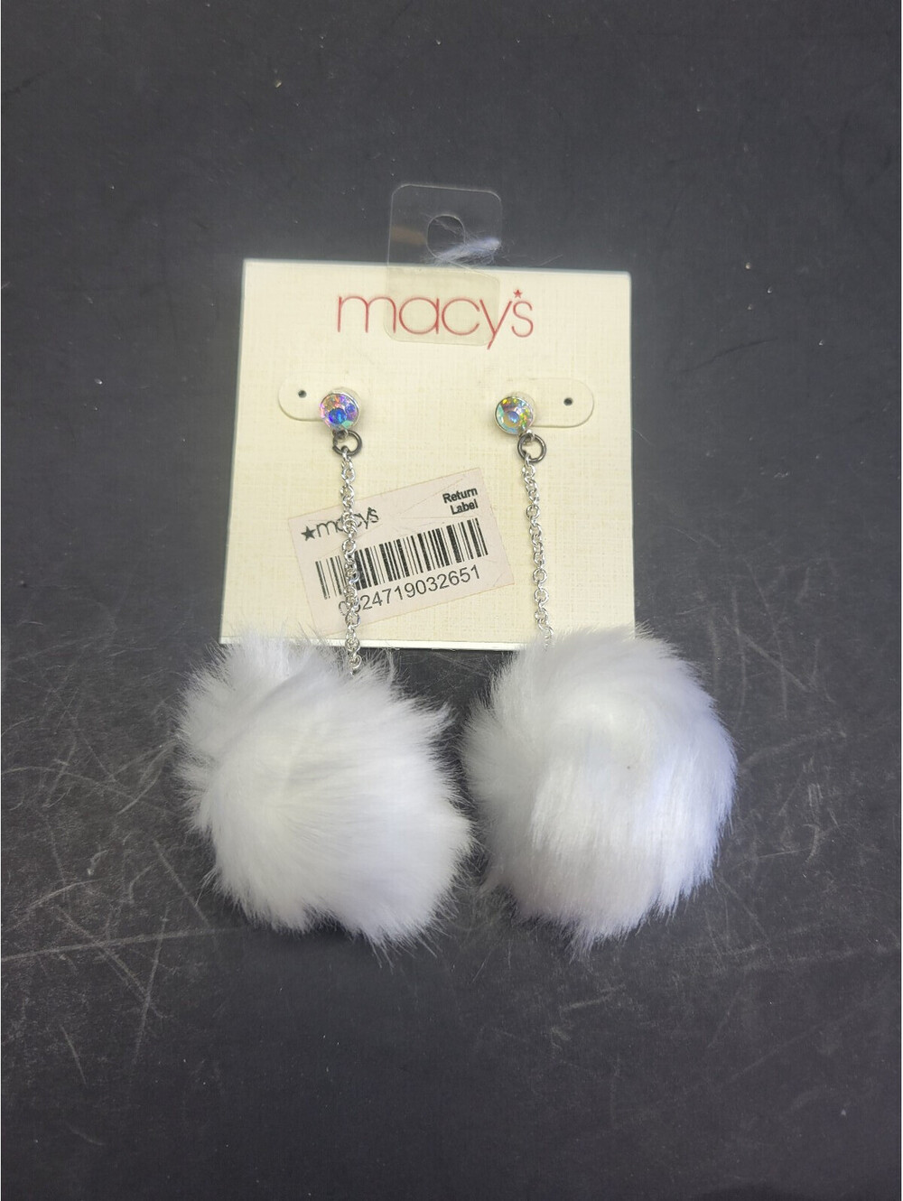 Soft Fur Ball Pom Pom Drop Earrings Faux Fur White w/ Rhinestone by Macy's NEW